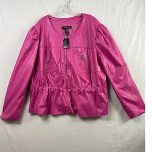 Ashley Stewart Faux Leather Jacket Womens 24 Fuchsia Pink Puff Sleeve New